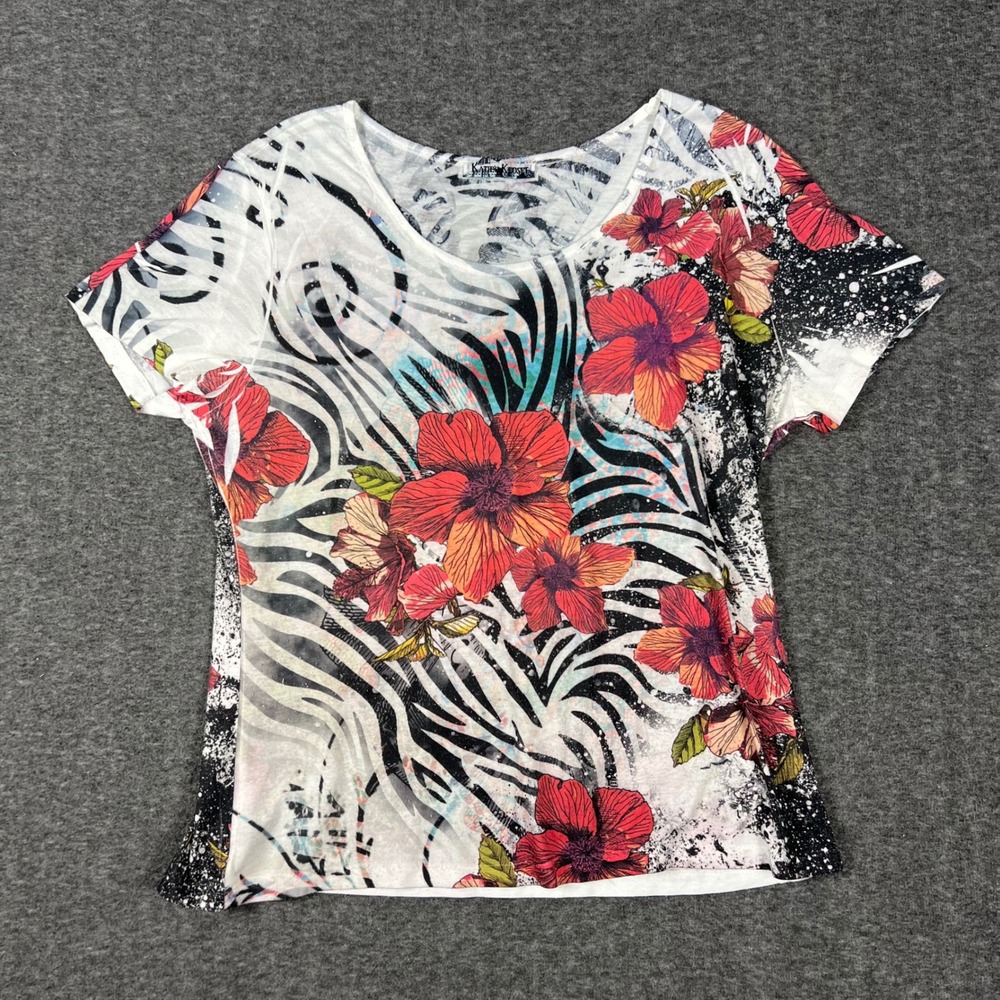 Katie's Kloset Floral Zebra Top Women XL White Red Y2K Made in USA Hibiscus Tee
